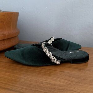Birdies The Swan Green Velvet Pointed-toe Mule Flats Crystal Bracelet Strap 7.5